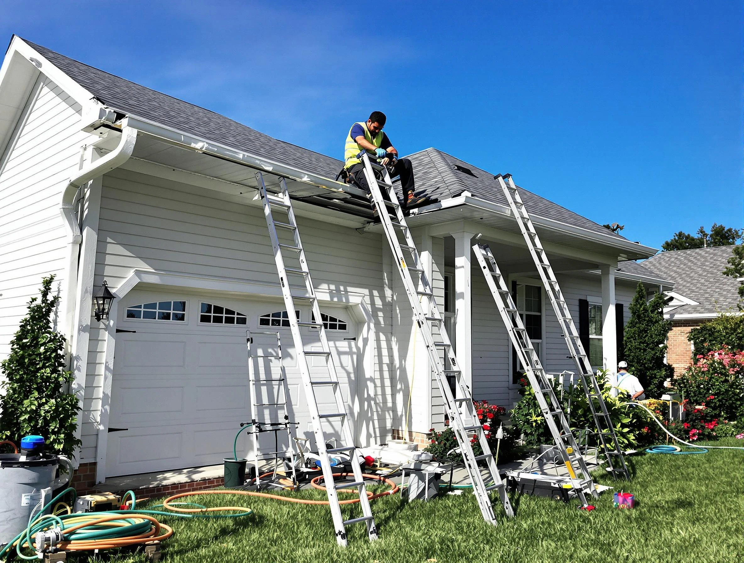Removal of old gutters by Willowick Roofing Company to install new system in Willowick, OH